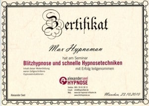 Zertifikat Blitzhypnose Seminar - Alexander Seel Hypnose